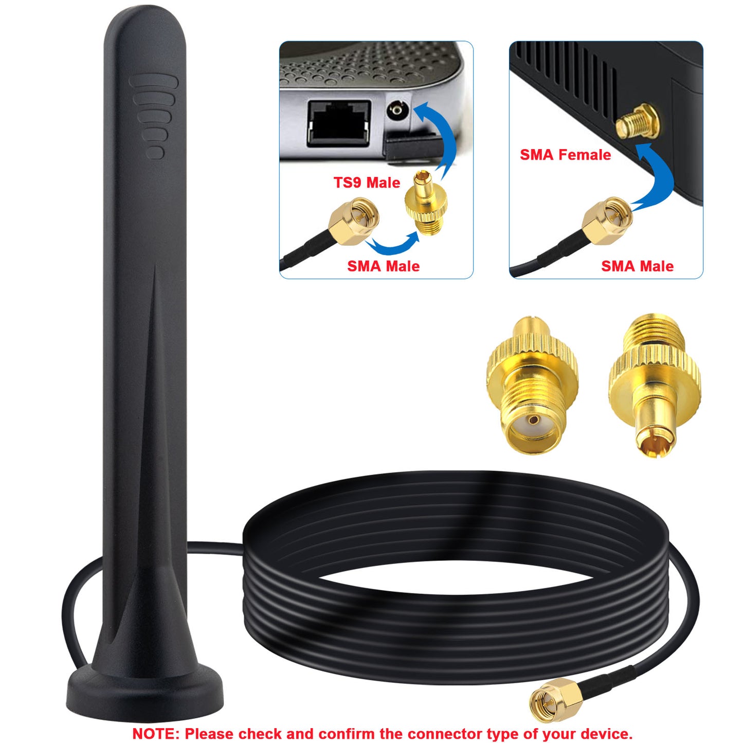 YILIANDUO 4G 5G LTE Antenna 5dBi SMA Male Magnetic Base 600-6000MHz Omni-Directional with 3M RG174 Cable & TS9 Adapters 2-Pack