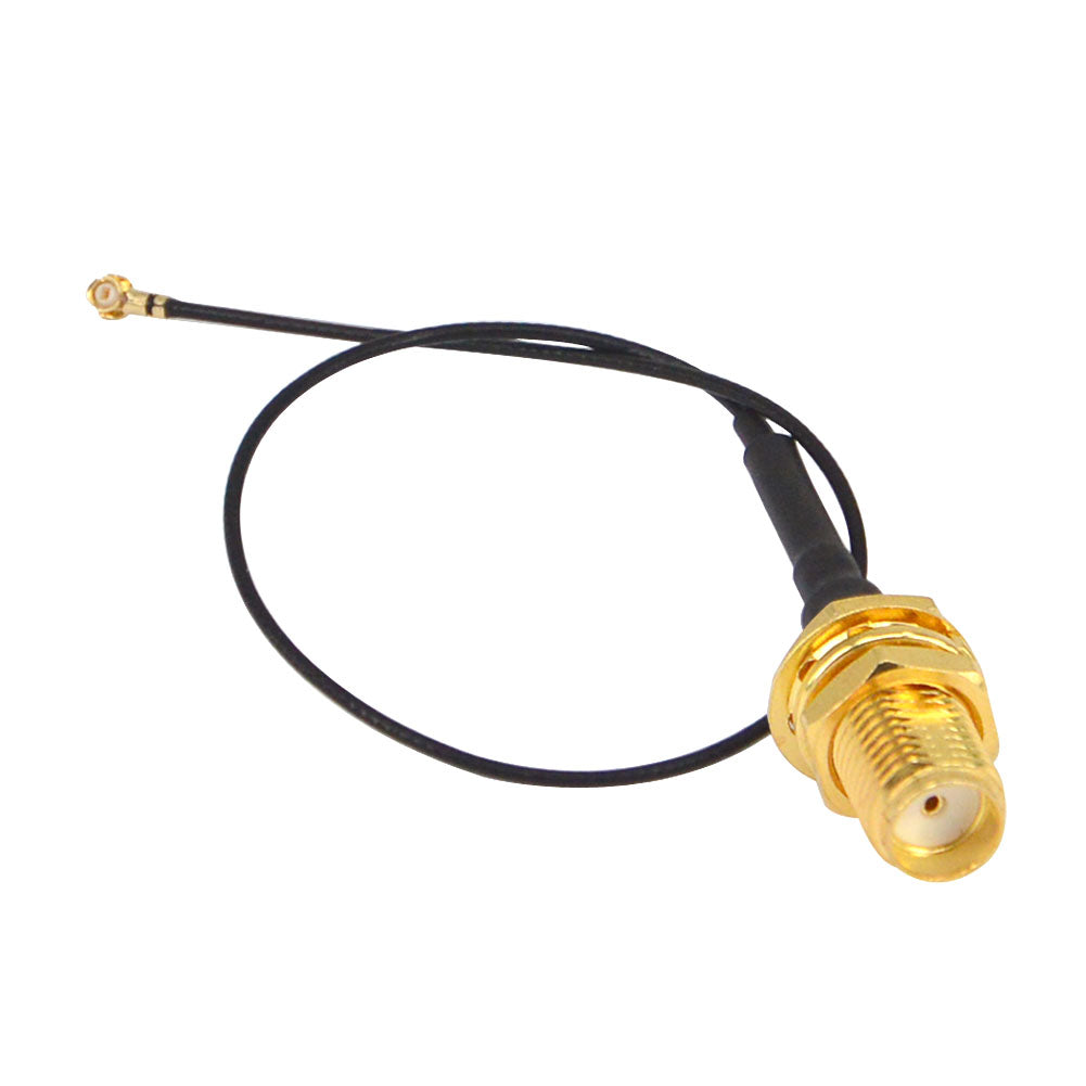 Black SMA female bulkhead pigtail cable with miniature right-angle RF connector