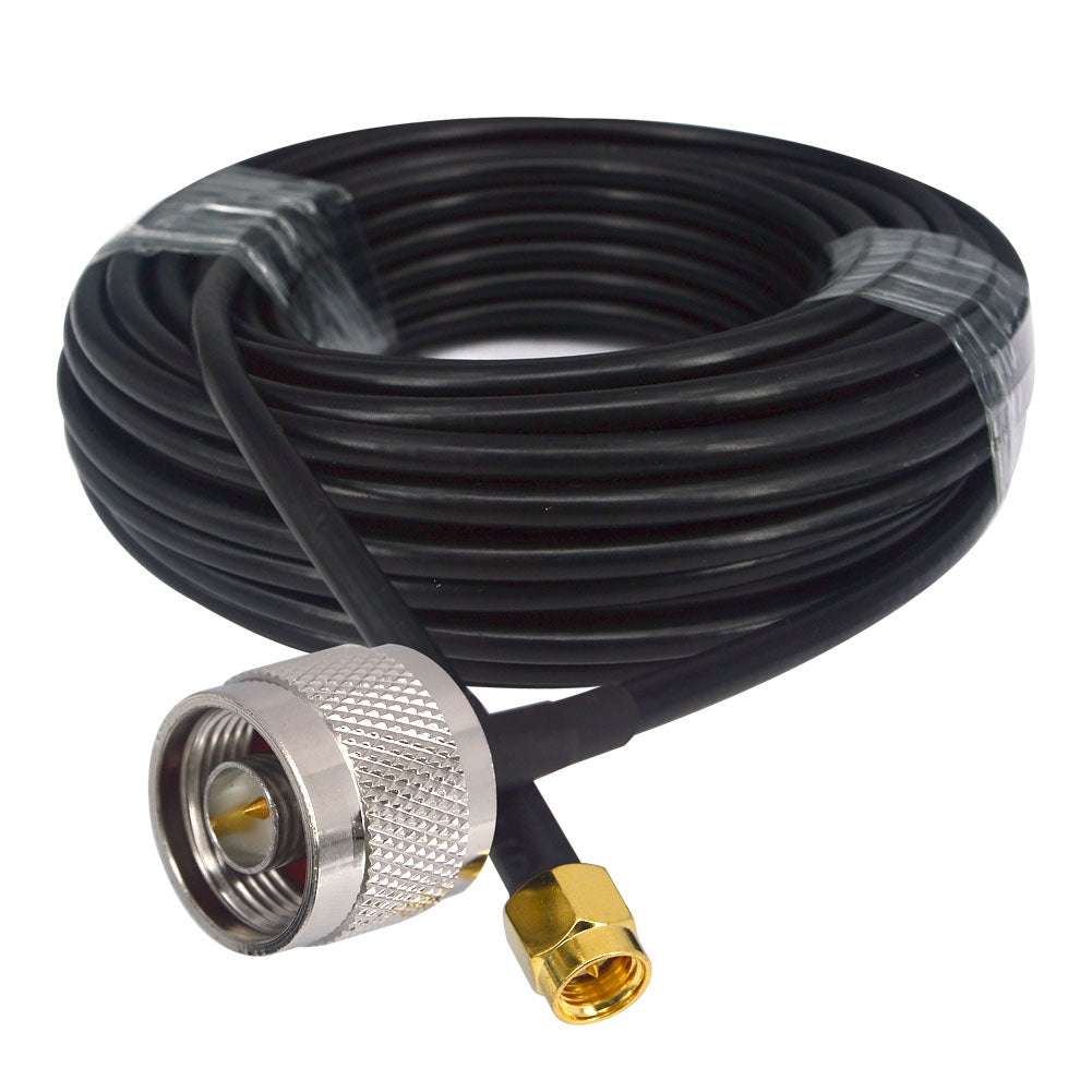 Coiled black coaxial cable with an N-male connector and gold-tone SMA male connector