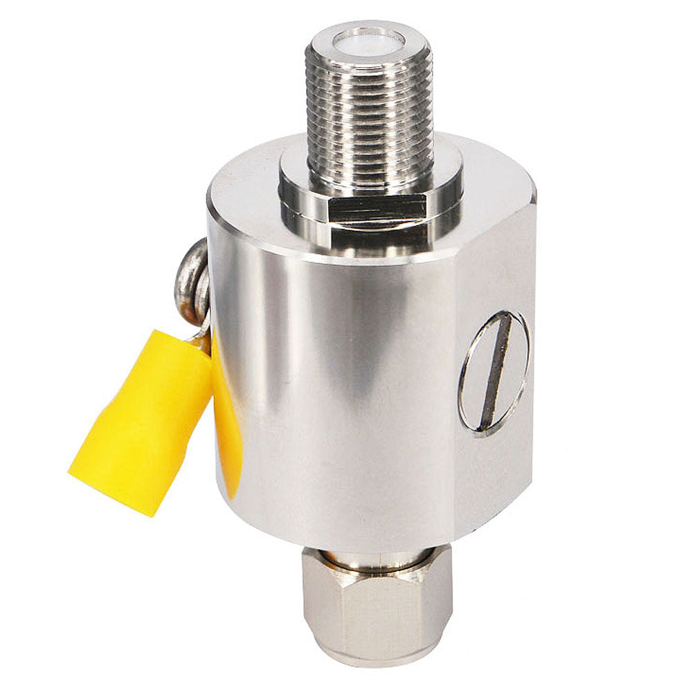 Vertical silver switch-type RF surge protector with yellow-capped side ground lug