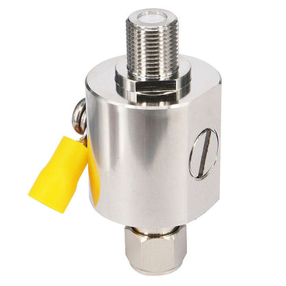 Vertical silver switch-type RF surge protector with yellow-capped side ground lug