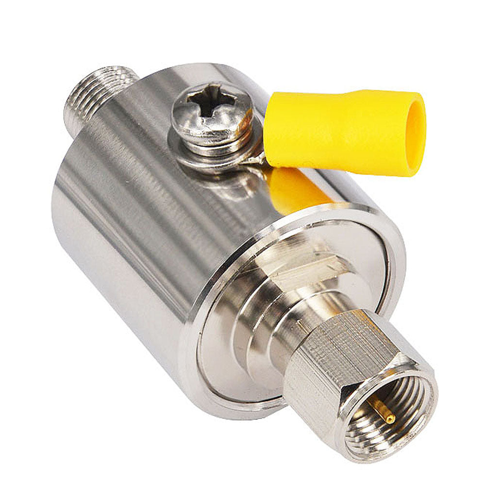Silver-tone F-type coaxial surge-protection device with a yellow-sleeved grounding terminal