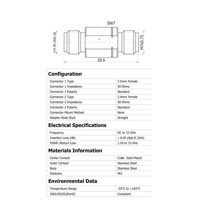 YILIANDUO 2.4mm to 3.5mm Precision RF Millimeter Wave Adapter | DC-34GHz 50Ω Stainless Steel High Frequency Test Connector