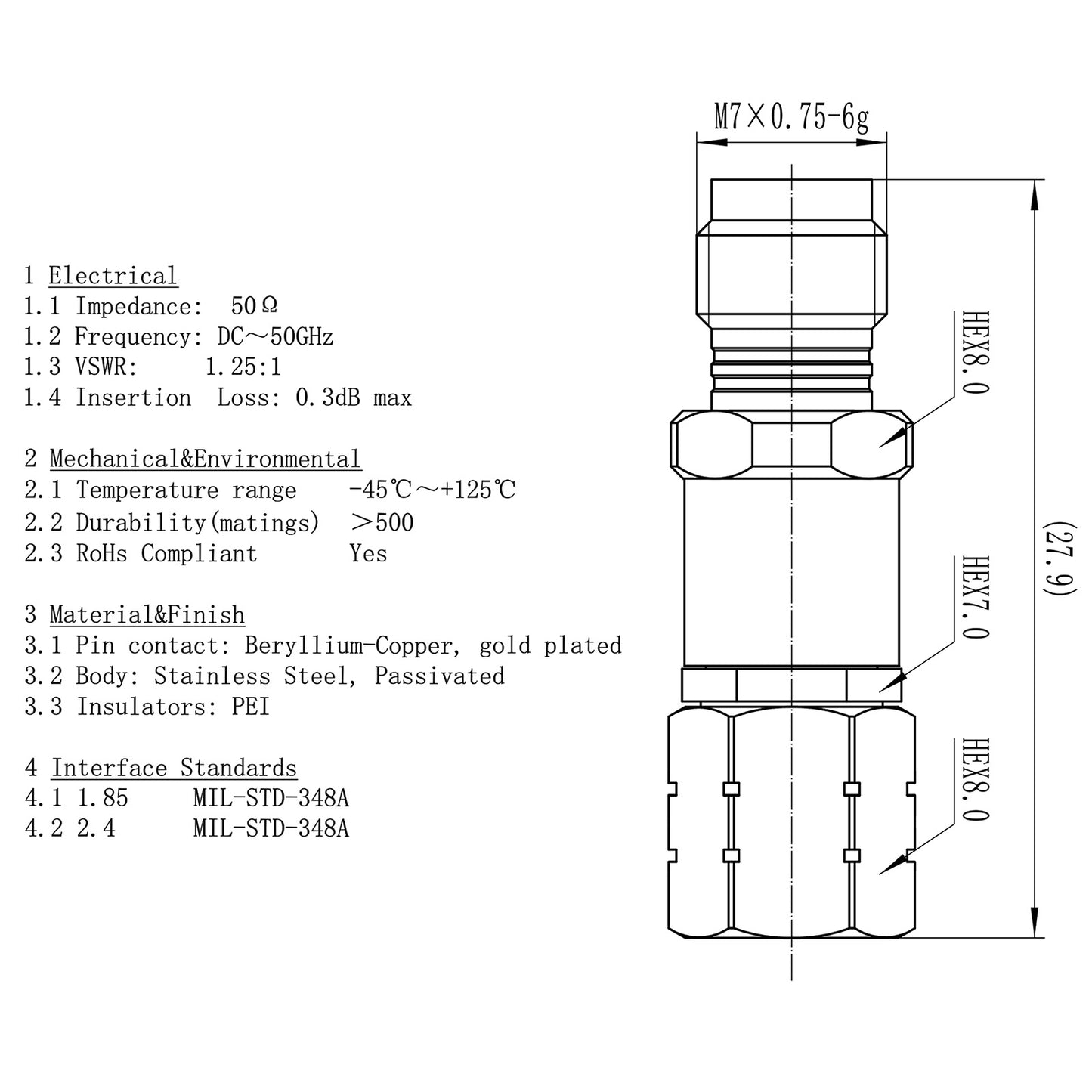 YILIANDUO 1.85mm(V-Type) to 2.4mm Male Female Precision Cross-Series RF Adapter | DC-50GHz 50Ω Passivated Stainless Steel High-Frequency Millimeter Test Connector