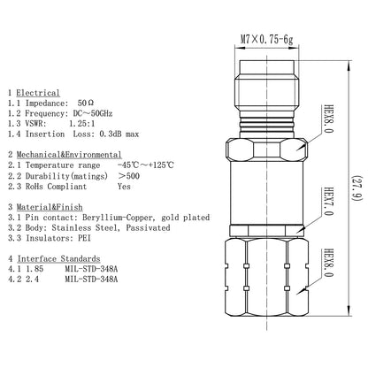 YILIANDUO 1.85mm(V-Type) to 2.4mm Male Female Precision Cross-Series RF Adapter | DC-50GHz 50Ω Passivated Stainless Steel High-Frequency Millimeter Test Connector
