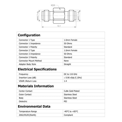 YILIANDUO 1.0mm(W-Type) Precision In-Series RF Adapter DC-110GHz | 50Ω Passivated Stainless Steel, 3 Gender Options(FF/MF/MM) Ultra-High Frequency Millimeter Wave Test Connector