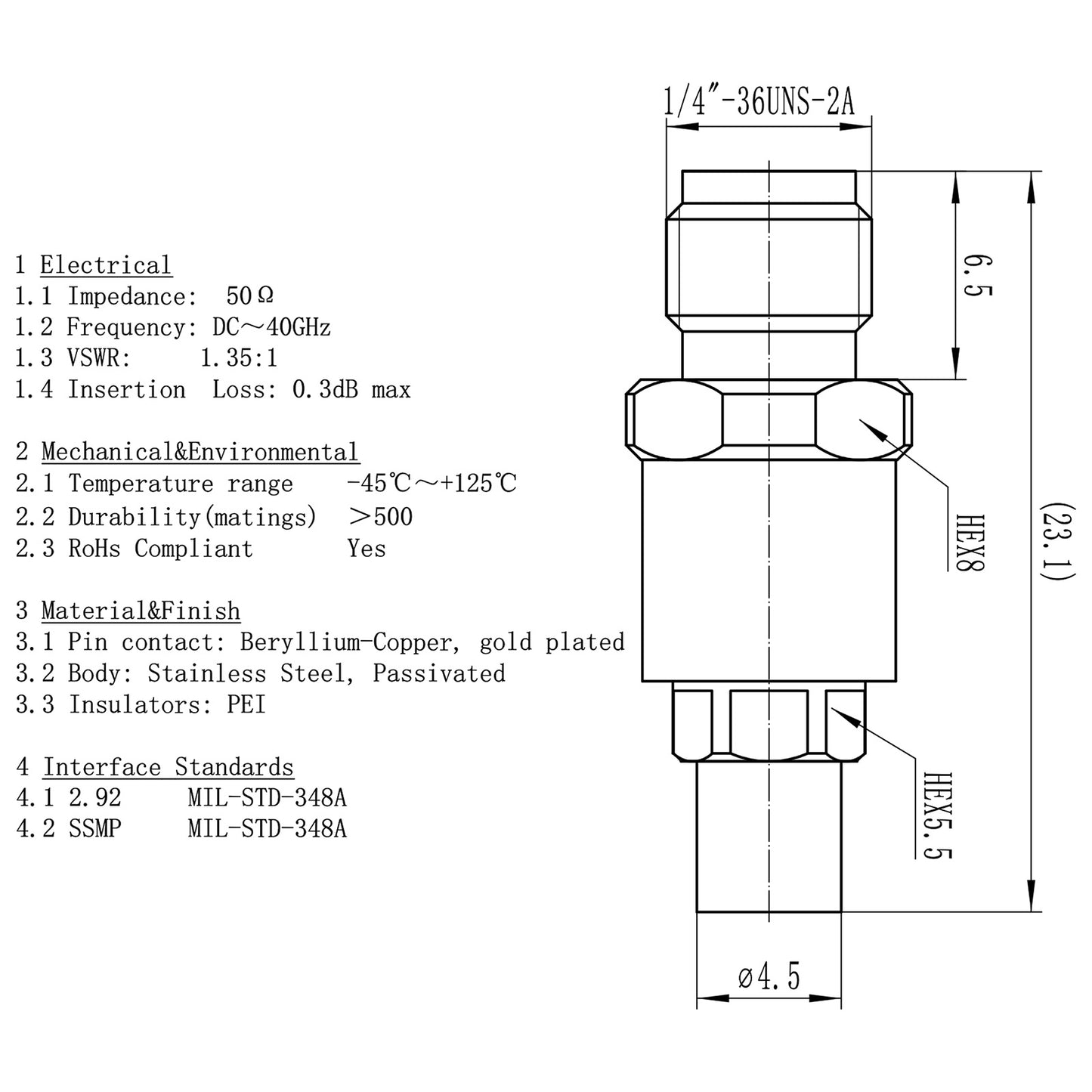 YILIANDUO 2.92mm  to SSMP Male Female Cross-Series Precision RF Adapter | DC-40GHz 50Ω Passivated Stainless Steel Ultra-Miniature SMPM Millimeter Wave Test Connector
