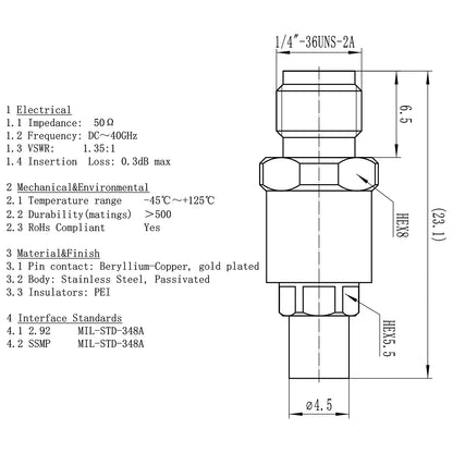 YILIANDUO 2.92mm  to SSMP Male Female Cross-Series Precision RF Adapter | DC-40GHz 50Ω Passivated Stainless Steel Ultra-Miniature SMPM Millimeter Wave Test Connector