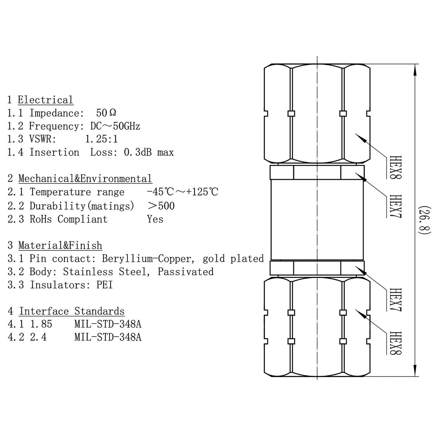 YILIANDUO 1.85mm(V-Type) to 2.4mm Male Female Precision Cross-Series RF Adapter | DC-50GHz 50Ω Passivated Stainless Steel High-Frequency Millimeter Test Connector