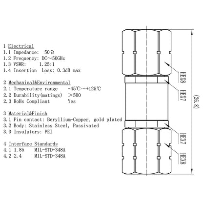 YILIANDUO 1.85mm(V-Type) to 2.4mm Male Female Precision Cross-Series RF Adapter | DC-50GHz 50Ω Passivated Stainless Steel High-Frequency Millimeter Test Connector