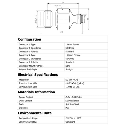 YILIANDUO 1.0mm  to 1.85mm Male Female Precision Cross-Series RF Adapter | DC-67GHz 50Ω Passivated Stainless Steel Ultra-High Frequency Millimeter Test Connector, 1.85mm Mechanically Compatible with 2.4mm Connectors