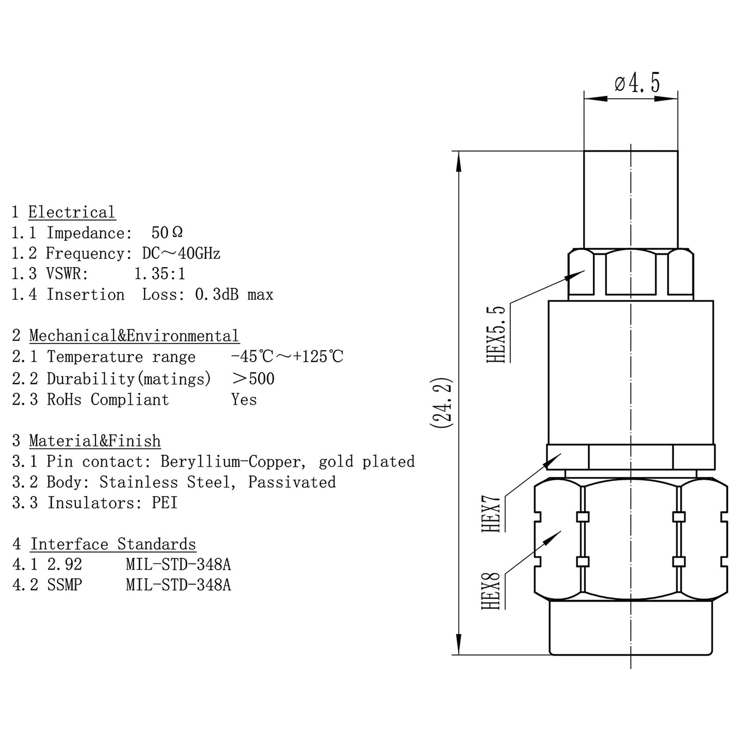 YILIANDUO 2.92mm  to SSMP Male Female Cross-Series Precision RF Adapter | DC-40GHz 50Ω Passivated Stainless Steel Ultra-Miniature SMPM Millimeter Wave Test Connector