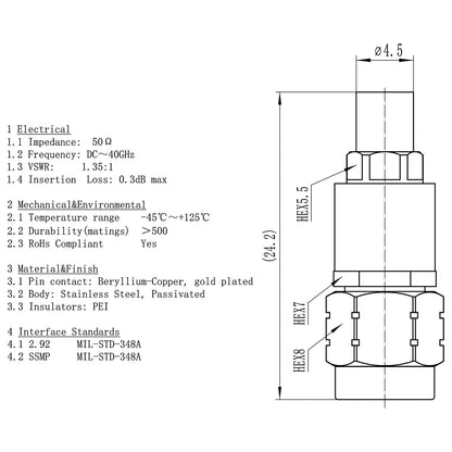 YILIANDUO 2.92mm  to SSMP Male Female Cross-Series Precision RF Adapter | DC-40GHz 50Ω Passivated Stainless Steel Ultra-Miniature SMPM Millimeter Wave Test Connector