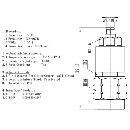 YILIANDUO 2.92mm  to SSMP Male Female Cross-Series Precision RF Adapter | DC-40GHz 50Ω Passivated Stainless Steel Ultra-Miniature SMPM Millimeter Wave Test Connector