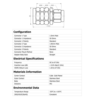 YILIANDUO 1.0mm  to 1.85mm Male Female Precision Cross-Series RF Adapter | DC-67GHz 50Ω Passivated Stainless Steel Ultra-High Frequency Millimeter Test Connector, 1.85mm Mechanically Compatible with 2.4mm Connectors