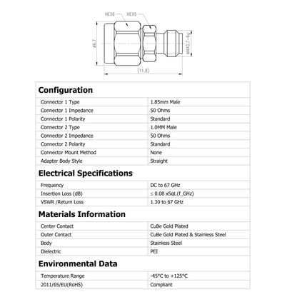 YILIANDUO 1.0mm  to 1.85mm Male Female Precision Cross-Series RF Adapter | DC-67GHz 50Ω Passivated Stainless Steel Ultra-High Frequency Millimeter Test Connector, 1.85mm Mechanically Compatible with 2.4mm Connectors