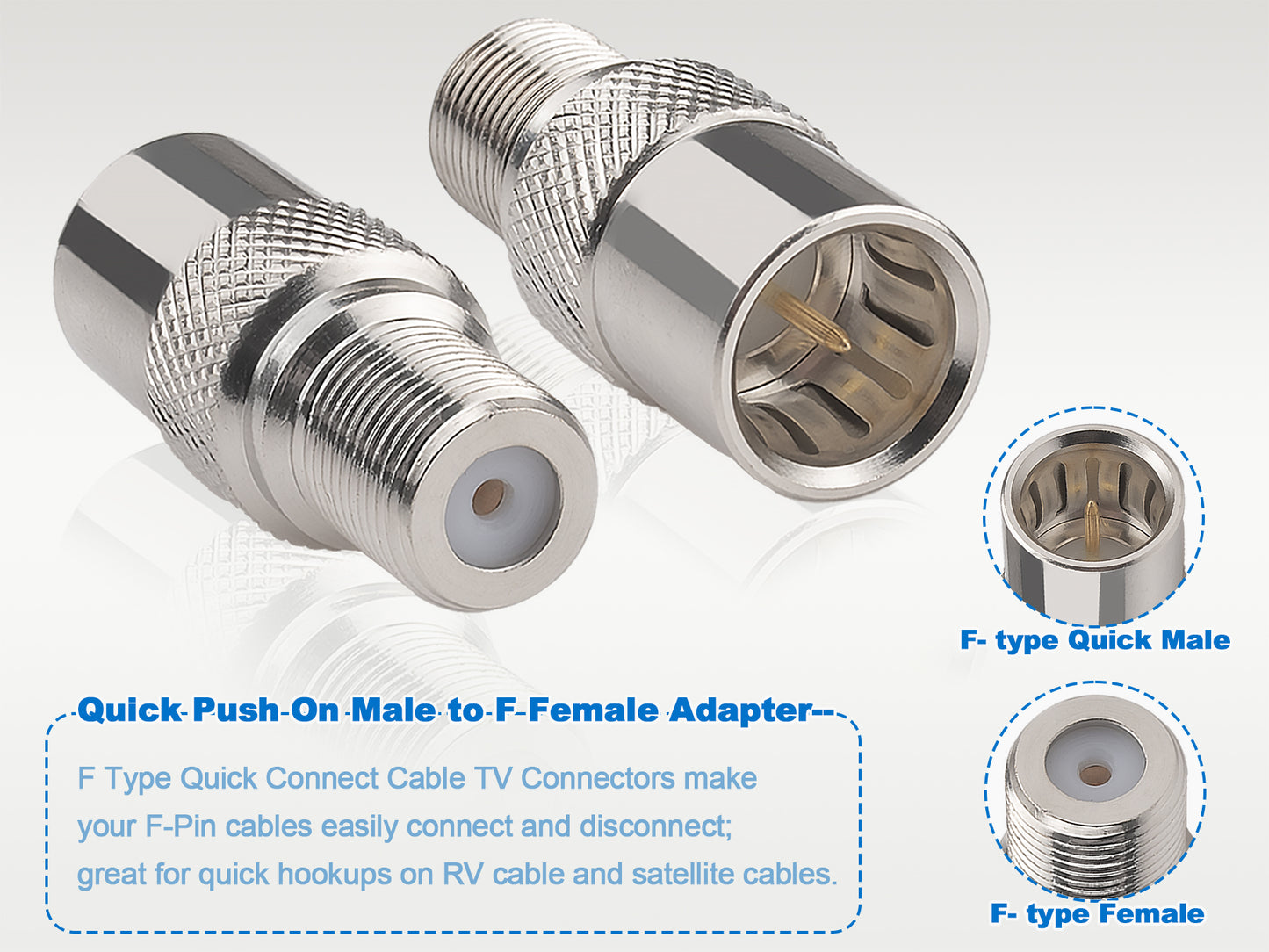 YILIANDUO F-Type Push-On Coax Connector 75 Ohm All-Copper F Quick Male to Female RG6 Coaxial Cable Adapter for Sky Q, Virgin Media Hub, Caravan TV and RG6 Satellite Dish 3-Pack