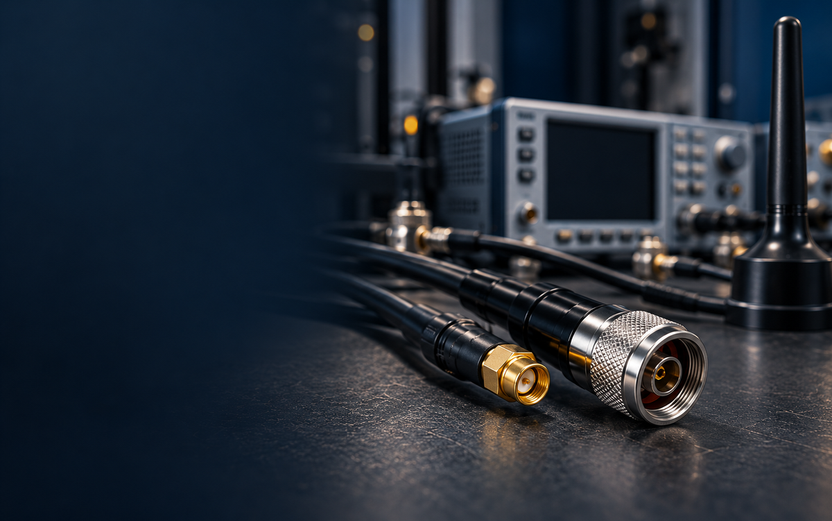 RF coaxial connectors and cables on a test bench — application illustration